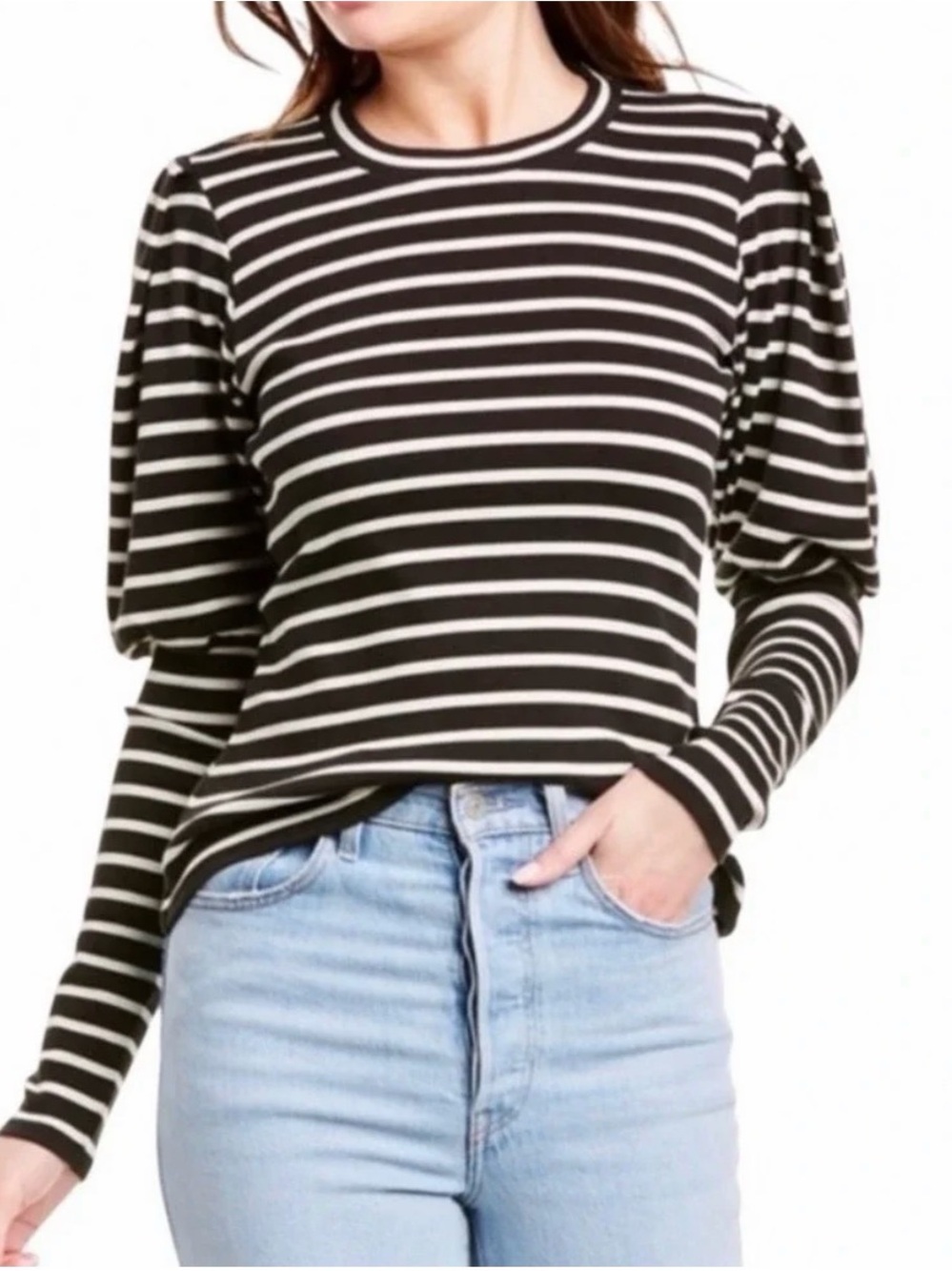 Veronica Beard Black & White Striped Puff-Sleeve Top